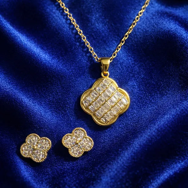 Golden_Elegant_Gold_Plated_Floral_Quatrefoil_Pendant_Necklace_And_Earrings_Set_With_Cubic_Zirconia_Stones_For_Women