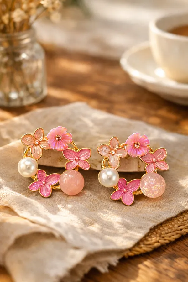Pink_Floral_Wreath_Earrings_With_Pearls_And_Rose_Quartz_For_Women