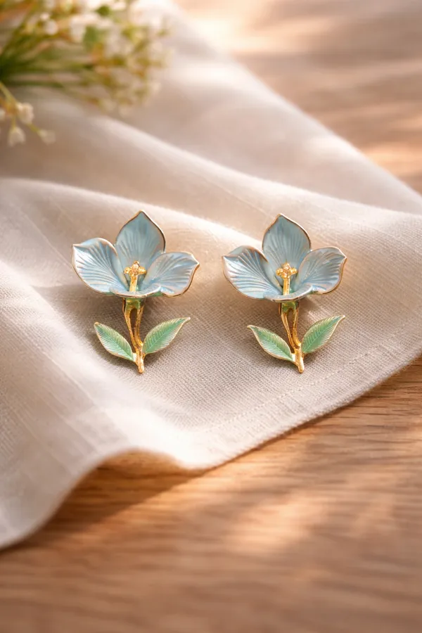 Light_Blue_Elegant_Flower_Enamel_Stud_Earrings_With_Gold_Accents_And_Green_Leaves_For_Women