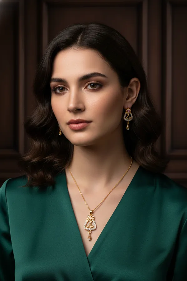 Gold_Plated_Triangle_Pendant_Necklace_Set_With_Earrings_For_Women