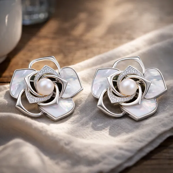Silver_Elegant_Mother_Of_Pearl_Flower_Stud_Earrings_With_Center_For_Women