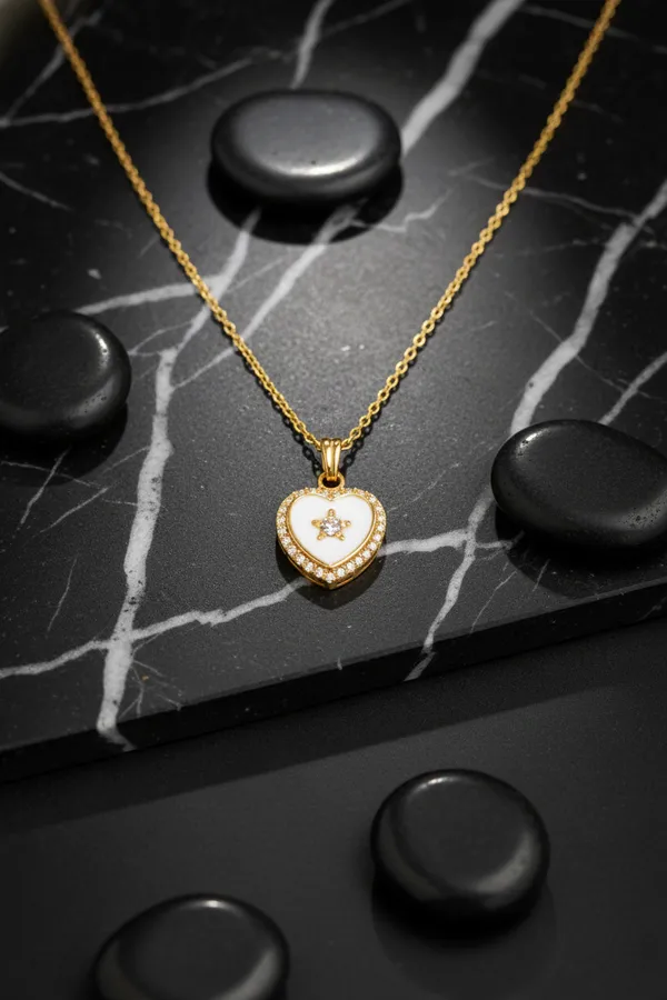White_Elegant_Heart_Star_Pendant_Necklace_With_Gold_Plating_And_Crystal_Border_For_Women