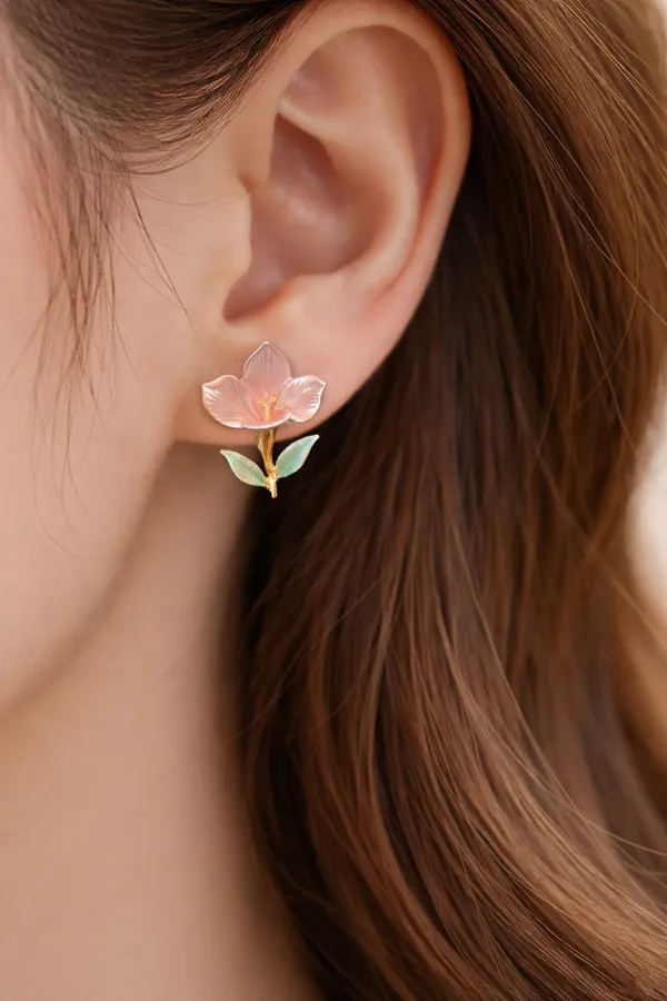 Pink_And_Green_Elegant_Floral_Stud_Earrings_With_Petals_Leaves_For_Women