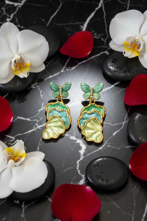 Green_Butterfly_Layered_Drop_Earrings_With_Gold_Trim_For_Women