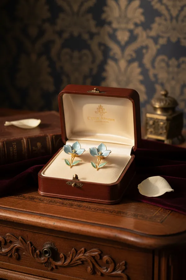 Light_Blue_Elegant_Flower_Enamel_Stud_Earrings_With_Gold_Accents_And_Green_Leaves_For_Women