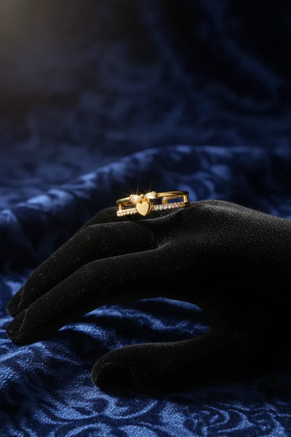 Golden_Elegant_Double_Layer_Heart_And_Bow_Crystal_Ring_Adjustable_Fashion_For_Women