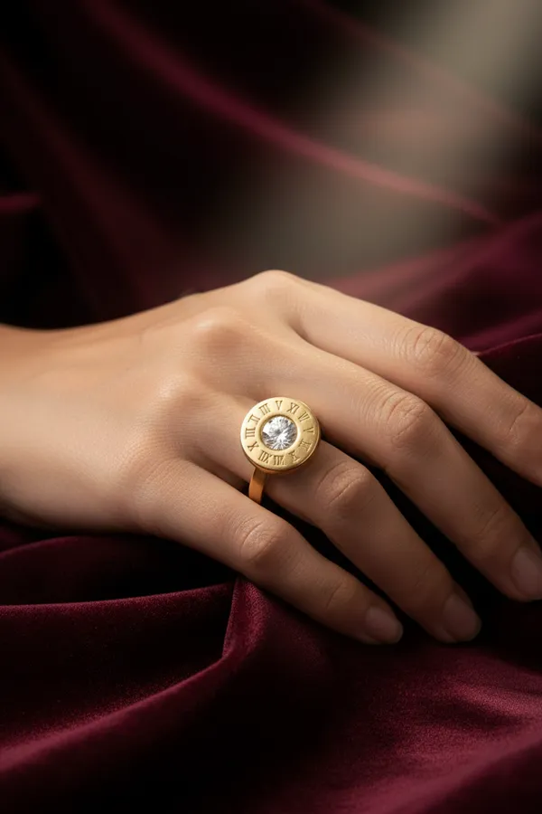 Golden_Gold_Roman_Numeral_Clock_Face_Ring_With_Clear_Stone_For_Women