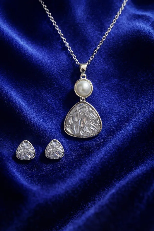 Silver_Elegant_Pearl_And_Crystal_Triangle_Pendant_Necklace_With_Matching_Earrings_Set_For_Women