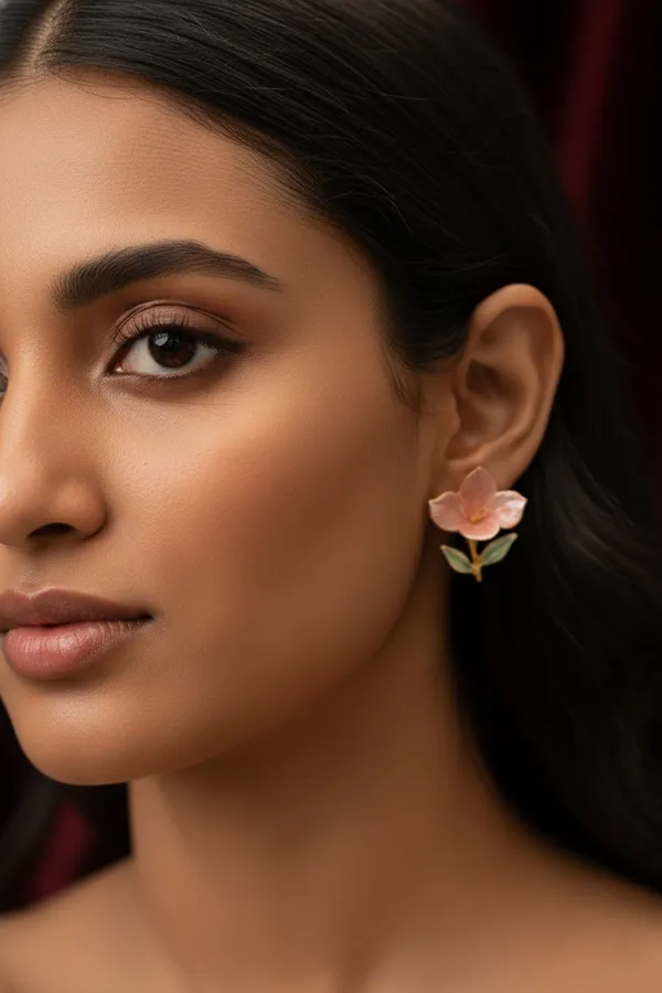 Pink_And_Green_Elegant_Floral_Stud_Earrings_With_Petals_Leaves_For_Women