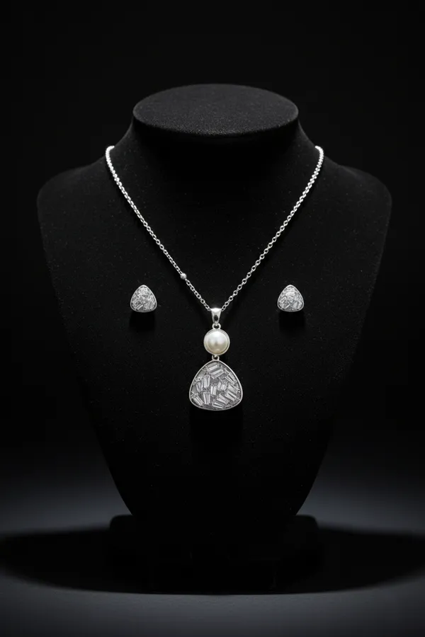 Silver_Elegant_Pearl_And_Crystal_Triangle_Pendant_Necklace_With_Matching_Earrings_Set_For_Women