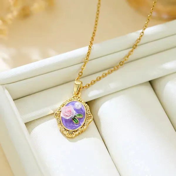 White_Elegant_Gold_Plated_Rose_Pendant_Necklace_With_Purple_Enamel_Delicate_Floral_Design_For_Women