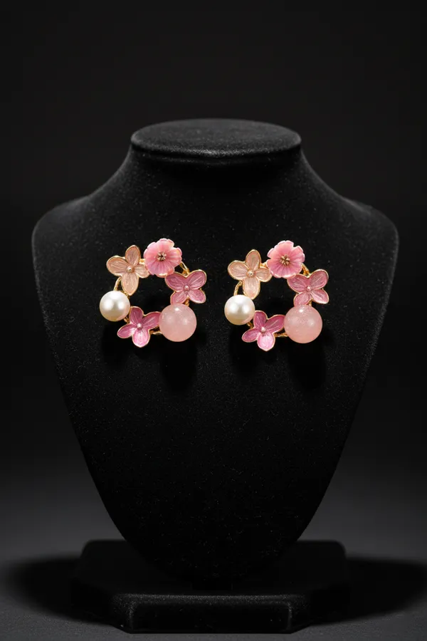 Pink_Floral_Wreath_Earrings_With_Pearls_And_Rose_Quartz_For_Women