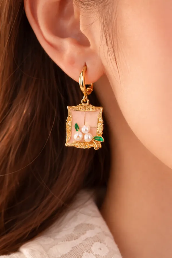 Multicolour_Elegant_Gold_Plated_Floral_Pearl_Frame_Earrings_With_Green_Enamel_Accents_For_Women