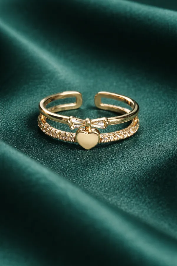 Golden_Elegant_Double_Layer_Heart_And_Bow_Crystal_Ring_Adjustable_Fashion_For_Women