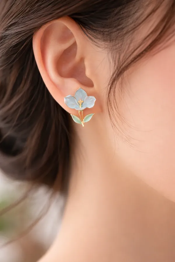 Light_Blue_Elegant_Flower_Enamel_Stud_Earrings_With_Gold_Accents_And_Green_Leaves_For_Women