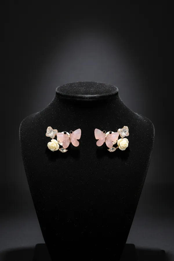 White_Pink_Butterfly_And_Rose_Stud_Earrings_With_Crystal_Accents_For_Women