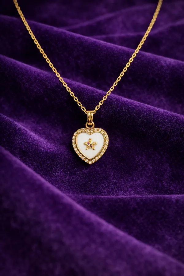 White_Elegant_Heart_Star_Pendant_Necklace_With_Gold_Plating_And_Crystal_Border_For_Women