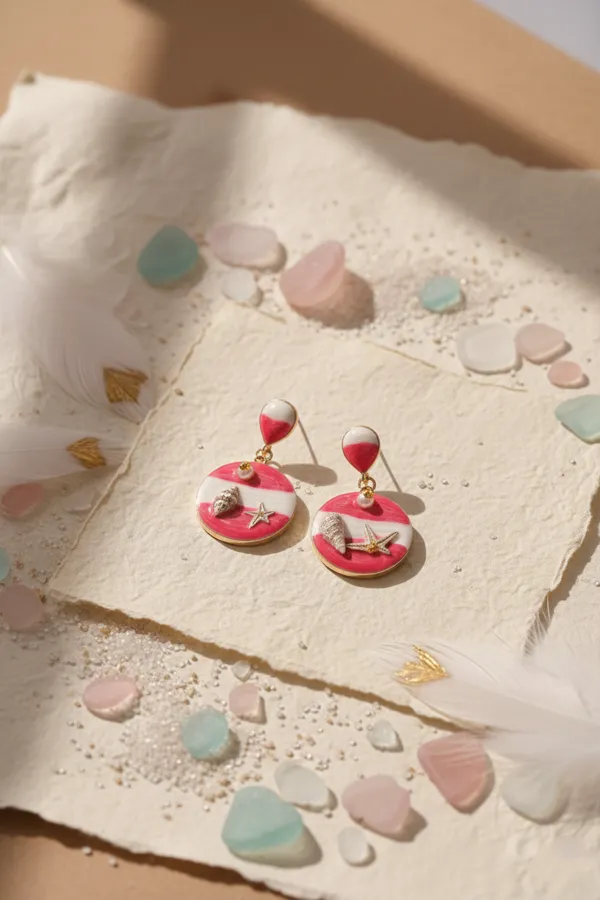 Red_And_White_Pink_Seashell_Starfish_Resin_Dangle_Earrings_For_Women