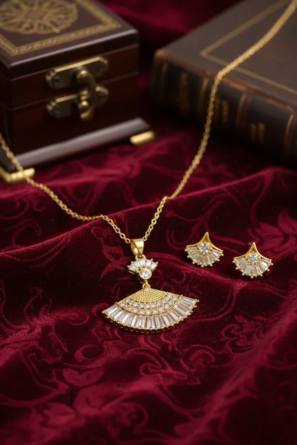 Golden_Elegant_Fan_Shaped_Cz_Pendant_Necklace_Set_With_Matching_Earrings_Gold_Plated_For_Women