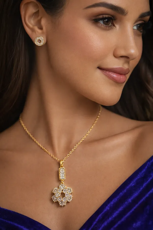 White_Crystal_Flower_Pendant_Necklace_With_Matching_Earrings_Set_For_Women