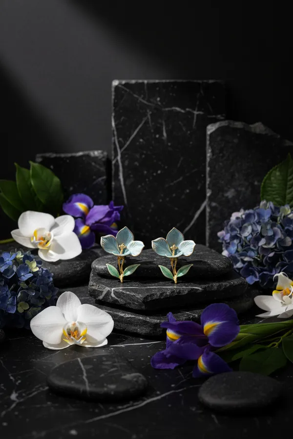 Light_Blue_Elegant_Flower_Enamel_Stud_Earrings_With_Gold_Accents_And_Green_Leaves_For_Women
