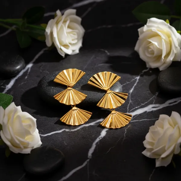 Golden_Triple_Tier_Gold_Plated_Fan_Shaped_Statement_Earrings_For_Women