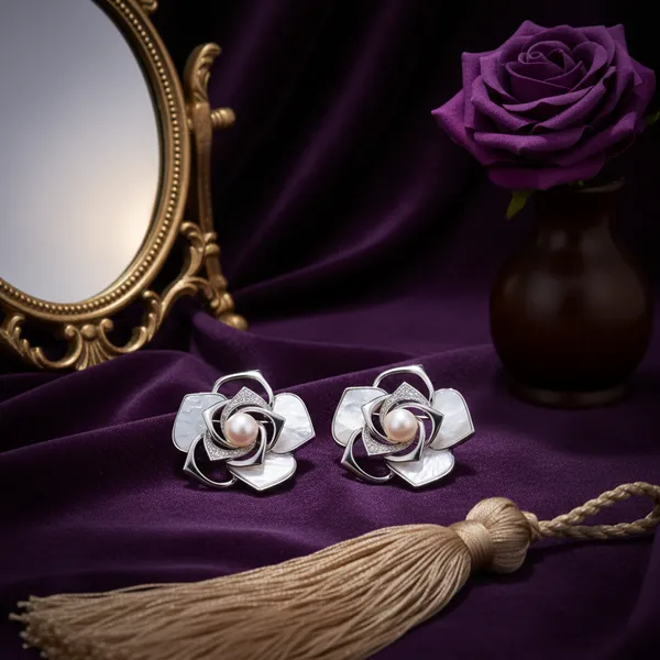 Silver_Elegant_Mother_Of_Pearl_Flower_Stud_Earrings_With_Center_For_Women