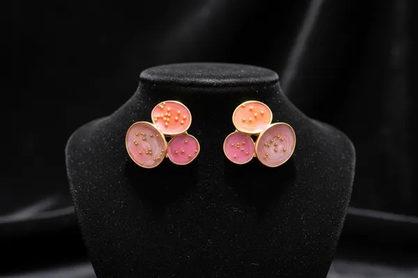 Pink_And_Orange_Enamel_Circle_Stud_Earrings_With_Gold_Dots_For_Women