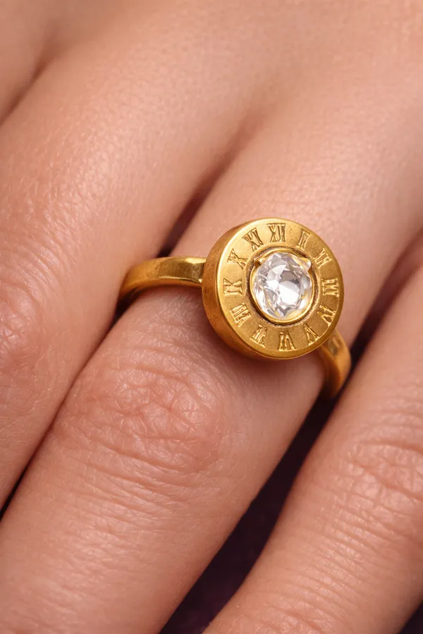 Golden_Gold_Roman_Numeral_Clock_Face_Ring_With_Clear_Stone_For_Women