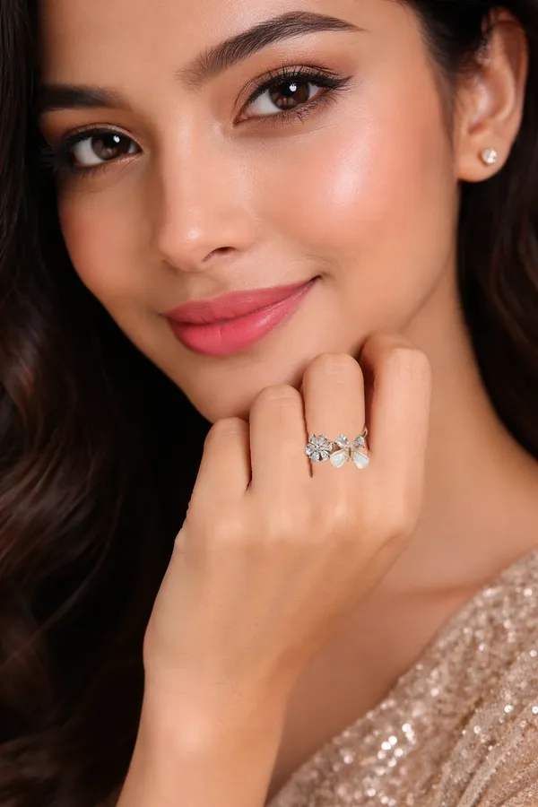 White_Elegant_Butterfly_And_Flower_Open_Ring_With_Rose_Gold_Finish_For_Women