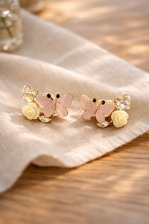 White_Pink_Butterfly_And_Rose_Stud_Earrings_With_Crystal_Accents_For_Women