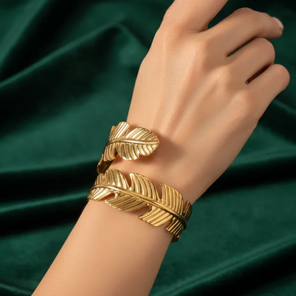 Gold_Plated_Feather_Design_Adjustable_Cuff_Bracelet_For_Women