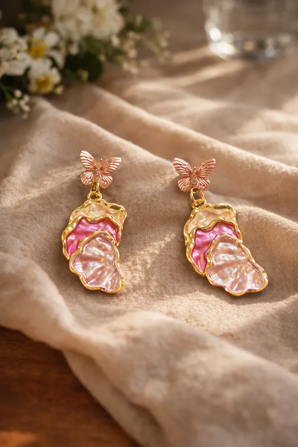 Pink_Butterfly_Shell_Drop_Earrings_With_Gold_Trim_For_Women