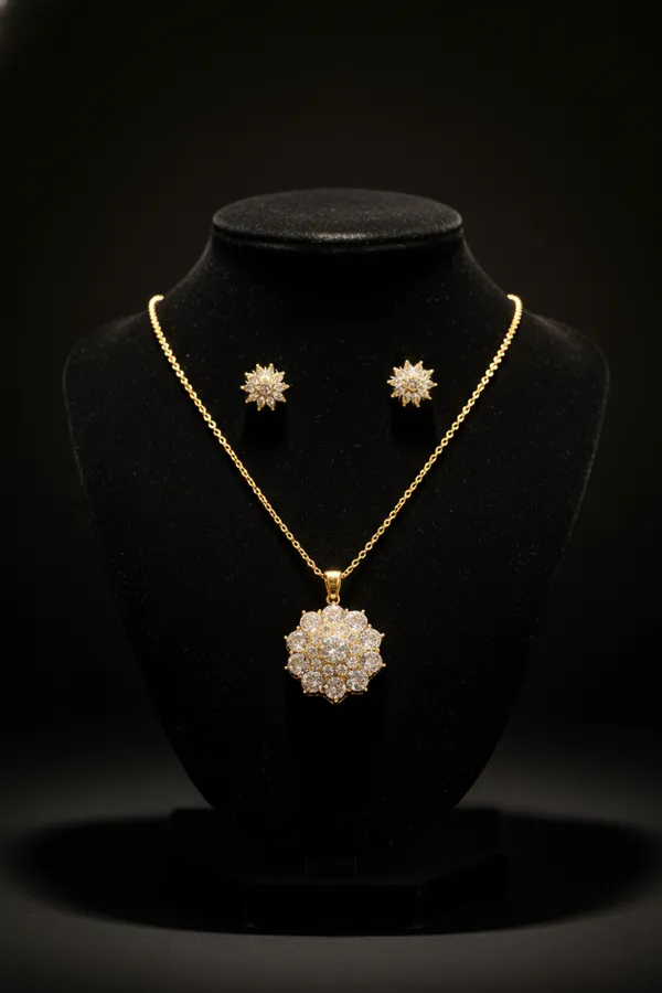 White_Elegant_Gold_Plated_Floral_Crystal_Pendant_Necklace_And_Earrings_Set_For_Women