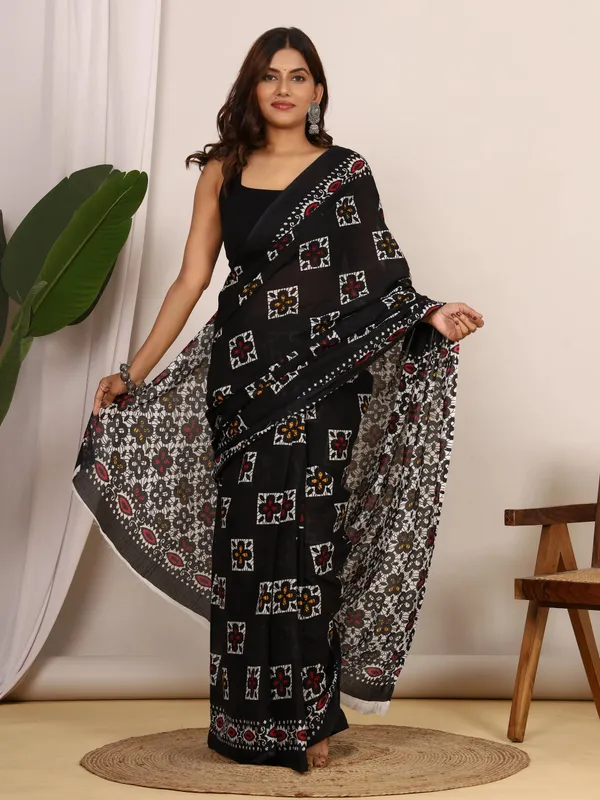 Black_Floral_Printed_Cotton_Saree_for_Women_|_Elegant_Designer_Soft_Cotton_Saree_|_Traditional_Ethnic_Wear