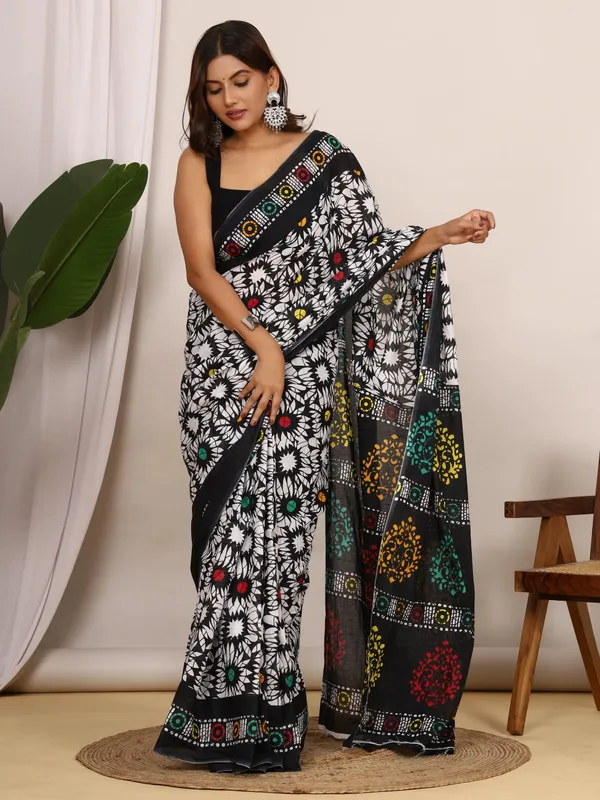 Black_Multicolor_Floral_Printed_Cotton_Saree_|_Designer_Ethnic_Cotton_Saree_for_Women