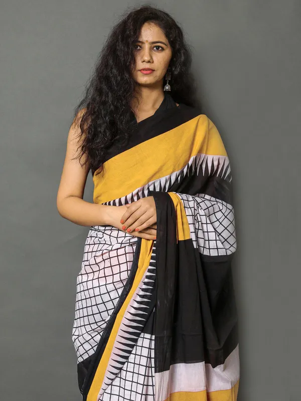 Black_White_Checkered_Printed_Cotton_Saree_with_Mustard_Border_|_Modern_Designer_Soft_Cotton_Saree_for_Women