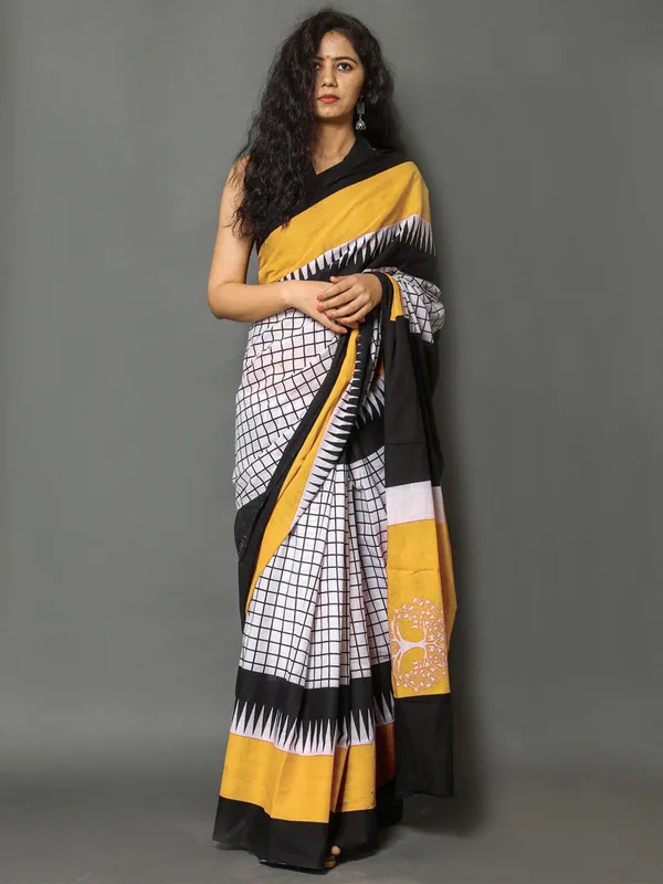 Black_White_Checkered_Printed_Cotton_Saree_with_Mustard_Border_|_Modern_Designer_Soft_Cotton_Saree_for_Women