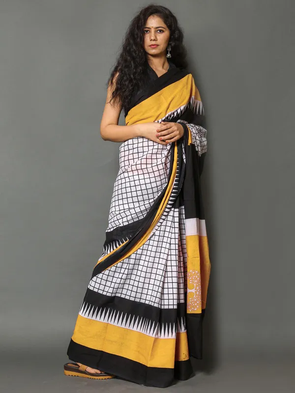 Black_White_Checkered_Printed_Cotton_Saree_with_Mustard_Border_|_Modern_Designer_Soft_Cotton_Saree_for_Women