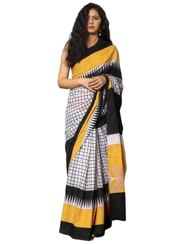 Black_White_Checkered_Printed_Cotton_Saree_with_Mustard_Border_|_Modern_Designer_Soft_Cotton_Saree_for_Women