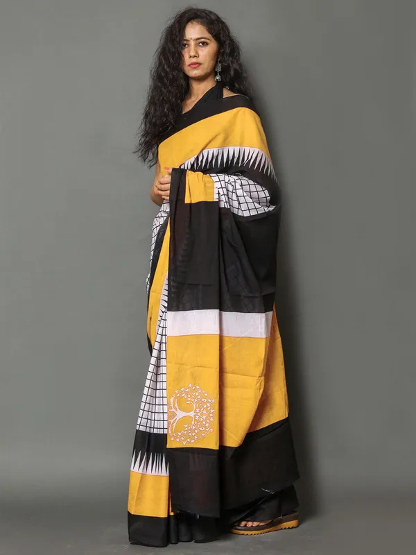 Black_White_Checkered_Printed_Cotton_Saree_with_Mustard_Border_|_Modern_Designer_Soft_Cotton_Saree_for_Women