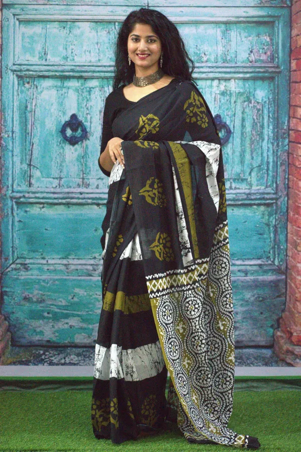 Black_&_Olive_Green_Batik_Print_Cotton_Saree_with_Designer_Border