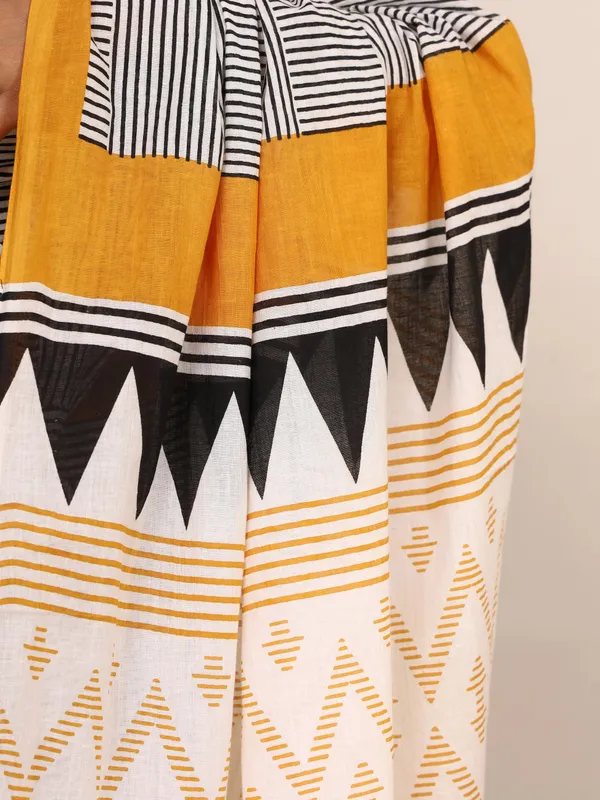 Black_&_White_Geometric_Printed_Cotton_Saree_with_Mustard_Border_|_Elegant_Designer_Soft_Cotton_Saree_for_Women