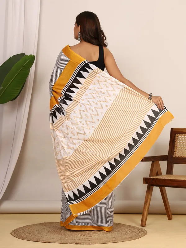 Black_&_White_Geometric_Printed_Cotton_Saree_with_Mustard_Border_|_Elegant_Designer_Soft_Cotton_Saree_for_Women