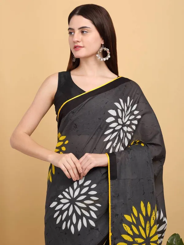 Charcoal_Grey_Floral_Chakra_Printed_Cotton_Saree_with_Yellow_Border_|_Stylish_Designer_Ethnic_Saree