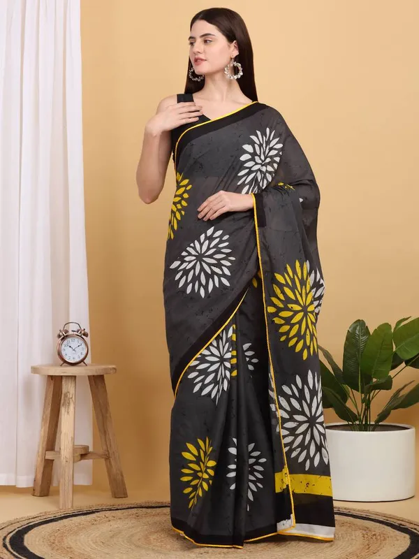 Charcoal_Grey_Floral_Chakra_Printed_Cotton_Saree_with_Yellow_Border_|_Stylish_Designer_Ethnic_Saree
