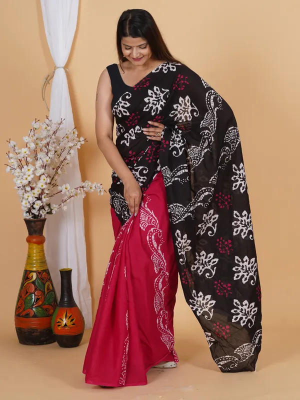 Classic_Black_Batik_Print_Cotton_Saree_with_Red_Pallu