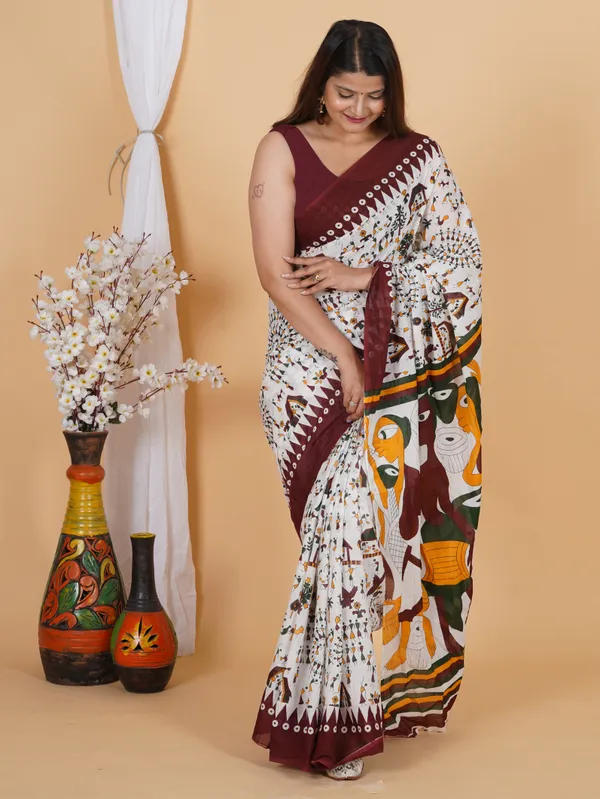 Cream_Red_Floral_Printed_Cotton_Saree_with_Traditional_Border