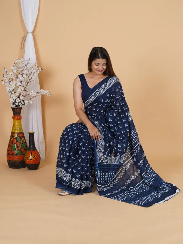 Elegant_Indigo_Blue_Floral_Block_Print_Cotton_Saree