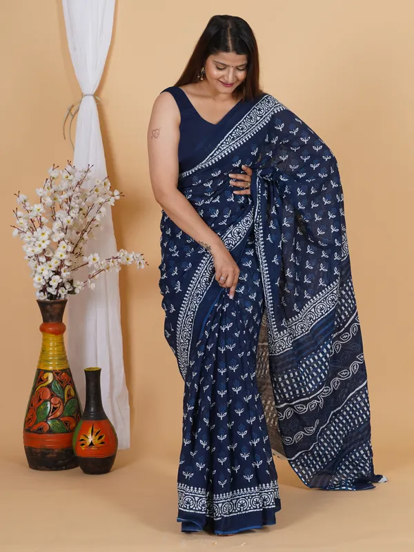 Elegant_Indigo_Blue_Floral_Block_Print_Cotton_Saree